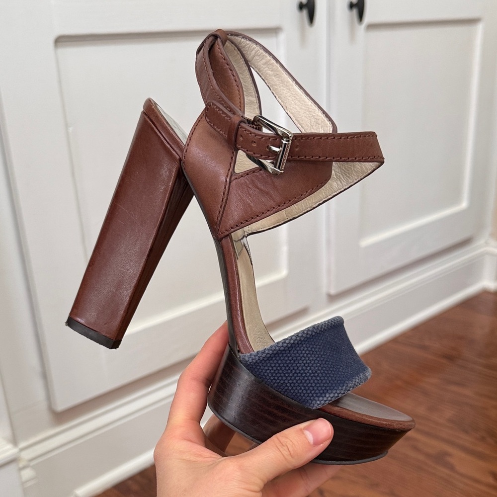 Michael Kors Brown Leather Platform Heels Denim Strap Size 7.5 | Y2K Block Heel - Picture 4 of 11